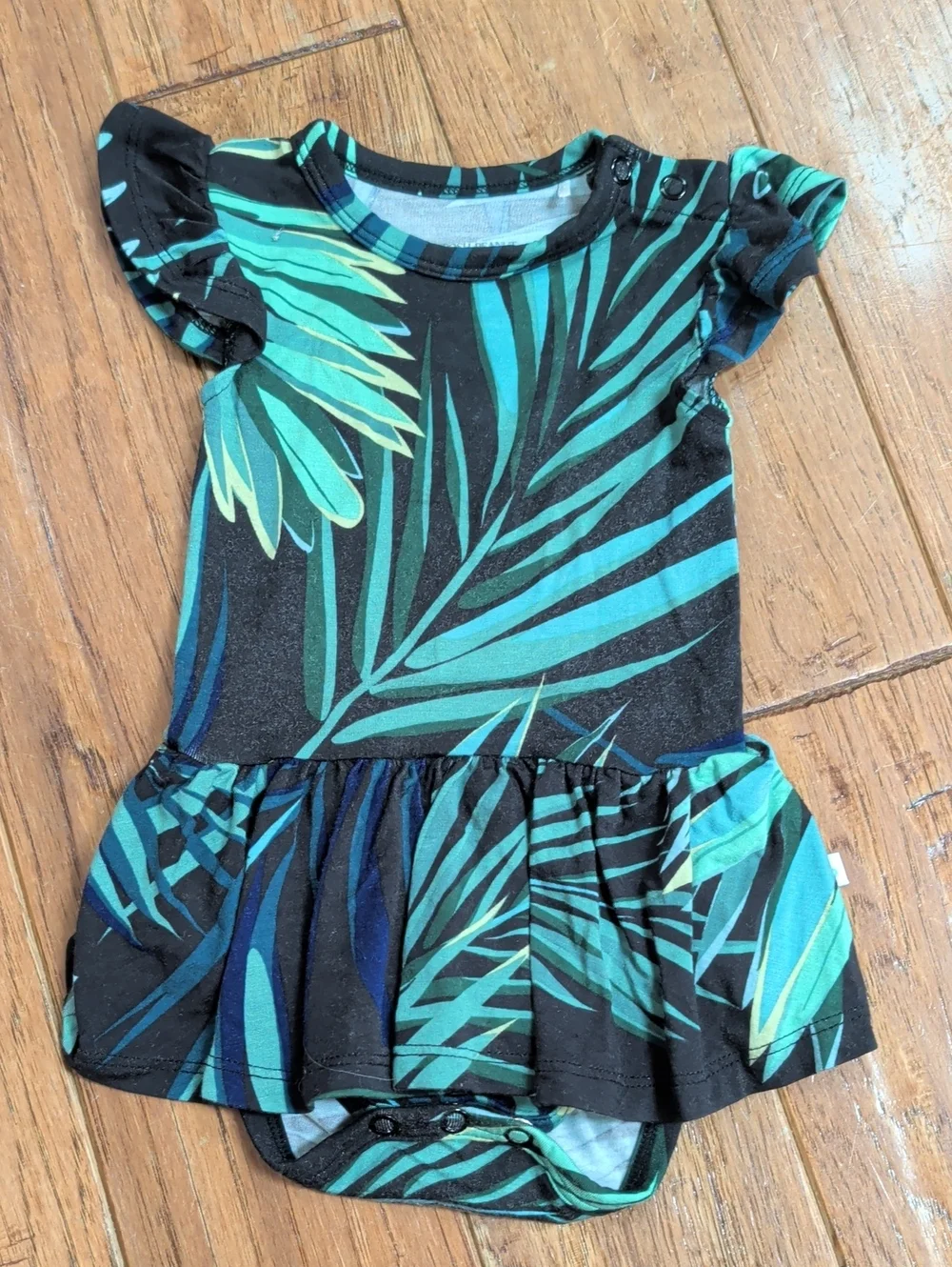 Posh Peanut Baby Girls Tropical Leaf Ruffle Dress Bodysuit - Black & Green